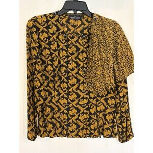 Vtg Carole Little Petites Black/Yellow Floral Button-Front Blouse